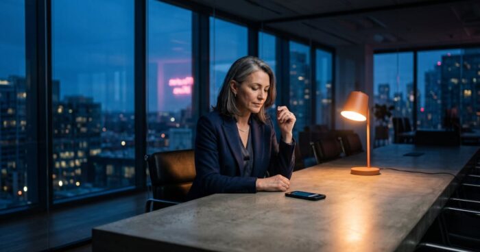 DRH seule face à un smartphone silencieux dans une salle de réunion vitrée, illustration du ghosting en recrutement et de son impact sur la marque employeur