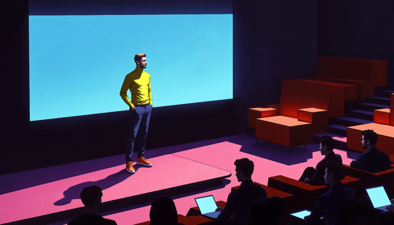 Un conférencier captivant une audience de DRH et dirigeants avec des visuels dynamiques projetés en arrière-plan.