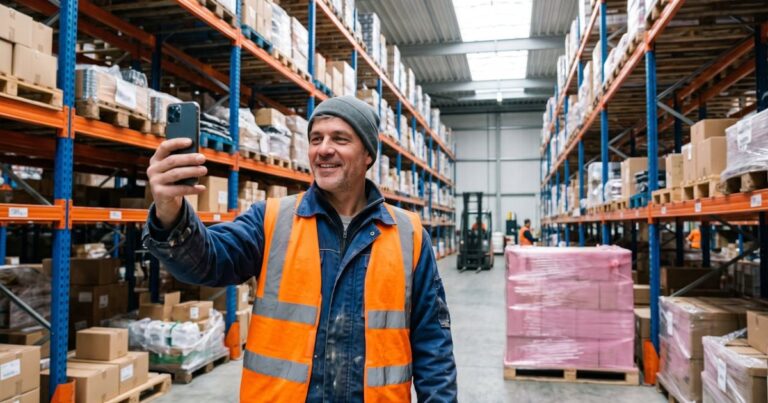 Employé d'entrepôt en gilet orange se filmant avec son smartphone dans les allées d'un site logistique, illustration d'un programme ambassadeur et de l'employee advocacy