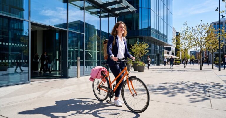 Salariée quittant à vélo un immeuble de bureaux en verre sous un grand soleil, illustration de la semaine de 4 jours comme levier de marque employeur