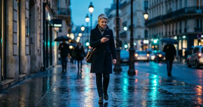 Directrice des ressources humaines consultant son téléphone dans une rue de Paris à l'heure bleue, illustration du Baromètre des DRH 2026