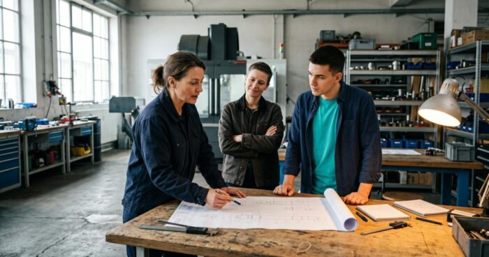 Sentiment d'appartenance au travail : une manager explique un plan à une nouvelle recrue dans un atelier industriel